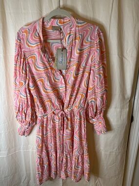 Skemo Pink & Orange Swirl Long Sleeve V-Neck Dress